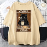 Coffee Because Murder Is Wrong Black Cat Drinks Coffee Funny T-Shirt Oversized Hip Hop T Shirt Cotton Tops Short Sleeves Clothes