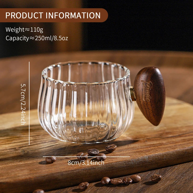 Bincoo 250ml Milk Coffee Cup with Walnut Handle, Transparent Glass Cup, Italian Espresso Latte Cup, Breakfast Oatmeal  cup
