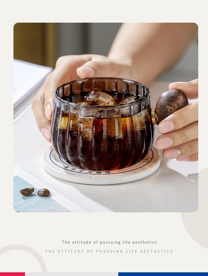 Bincoo 250ml Milk Coffee Cup with Walnut Handle, Transparent Glass Cup, Italian Espresso Latte Cup, Breakfast Oatmeal  cup