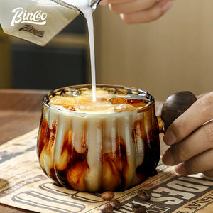 Bincoo 250ml Milk Coffee Cup with Walnut Handle, Transparent Glass Cup, Italian Espresso Latte Cup, Breakfast Oatmeal  cup