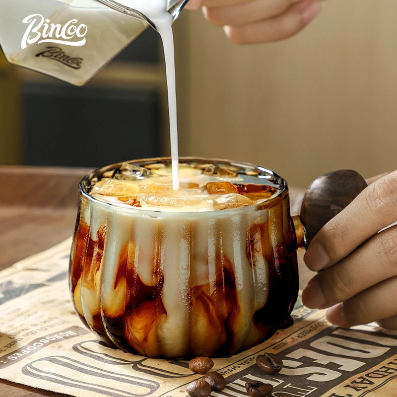 Bincoo 250ml Milk Coffee Cup with Walnut Handle, Transparent Glass Cup, Italian Espresso Latte Cup, Breakfast Oatmeal  cup