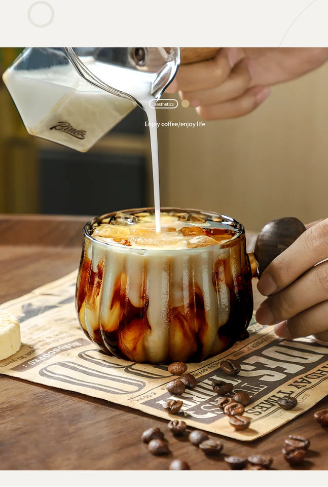 Bincoo 250ml Milk Coffee Cup with Walnut Handle, Transparent Glass Cup, Italian Espresso Latte Cup, Breakfast Oatmeal  cup