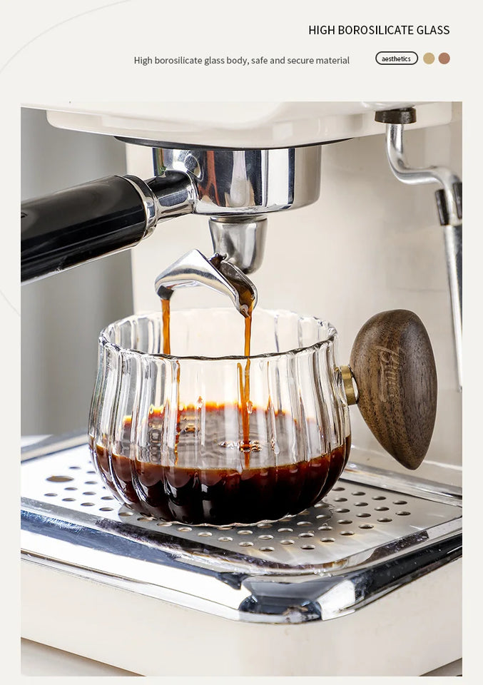 Bincoo 250ml Milk Coffee Cup with Walnut Handle, Transparent Glass Cup, Italian Espresso Latte Cup, Breakfast Oatmeal  cup