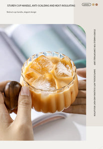 Bincoo 250ml Milk Coffee Cup with Walnut Handle, Transparent Glass Cup, Italian Espresso Latte Cup, Breakfast Oatmeal  cup