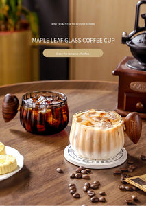 Bincoo 250ml Milk Coffee Cup with Walnut Handle, Transparent Glass Cup, Italian Espresso Latte Cup, Breakfast Oatmeal  cup