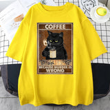 Coffee Because Murder Is Wrong Black Cat Drinks Coffee Funny T-Shirt Oversized Hip Hop T Shirt Cotton Tops Short Sleeves Clothes