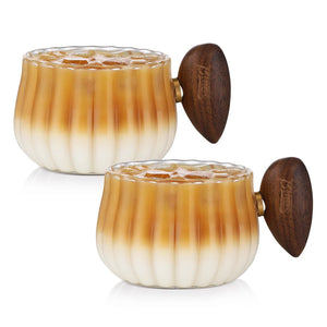 Bincoo 250ml Milk Coffee Cup with Walnut Handle, Transparent Glass Cup, Italian Espresso Latte Cup, Breakfast Oatmeal  cup