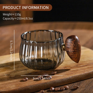 Bincoo 250ml Milk Coffee Cup with Walnut Handle, Transparent Glass Cup, Italian Espresso Latte Cup, Breakfast Oatmeal  cup