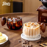 Bincoo 250ml Milk Coffee Cup with Walnut Handle, Transparent Glass Cup, Italian Espresso Latte Cup, Breakfast Oatmeal  cup