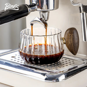 Bincoo 250ml Milk Coffee Cup with Walnut Handle, Transparent Glass Cup, Italian Espresso Latte Cup, Breakfast Oatmeal  cup