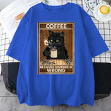 Coffee Because Murder Is Wrong Black Cat Drinks Coffee Funny T-Shirt Oversized Hip Hop T Shirt Cotton Tops Short Sleeves Clothes