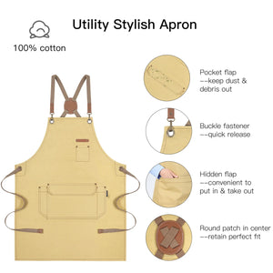 Canvas Work Apron for Artist Bartender Barista Carpenter Gardener Hairstylist, Cross Back Strap Adjustable for Men Women Apron with Large Pocket, Chef Apron for Kitchen Cooking Baking Grilling -Yello