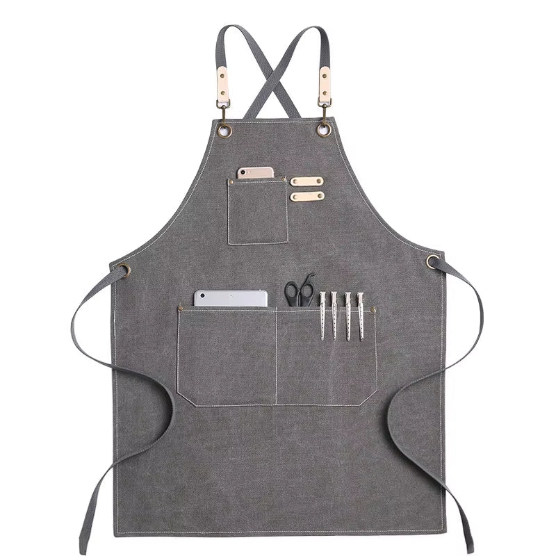 Kitchen Apron Heavy Duty Canvas Barber Work Aprons Unisex Cross Straps Adjustable Salon Hairdresser Bib PU Leather Apron for Men