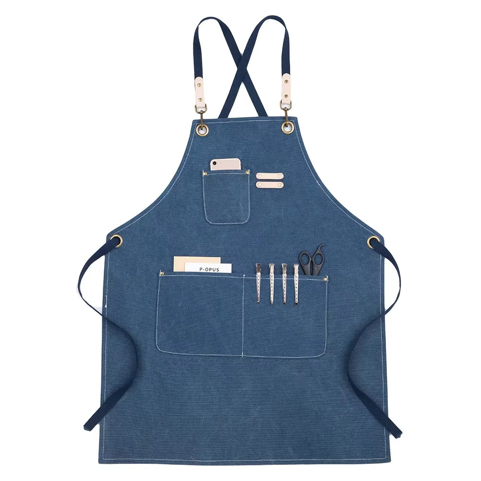 Kitchen Apron Heavy Duty Canvas Barber Work Aprons Unisex Cross Straps Adjustable Salon Hairdresser Bib PU Leather Apron for Men