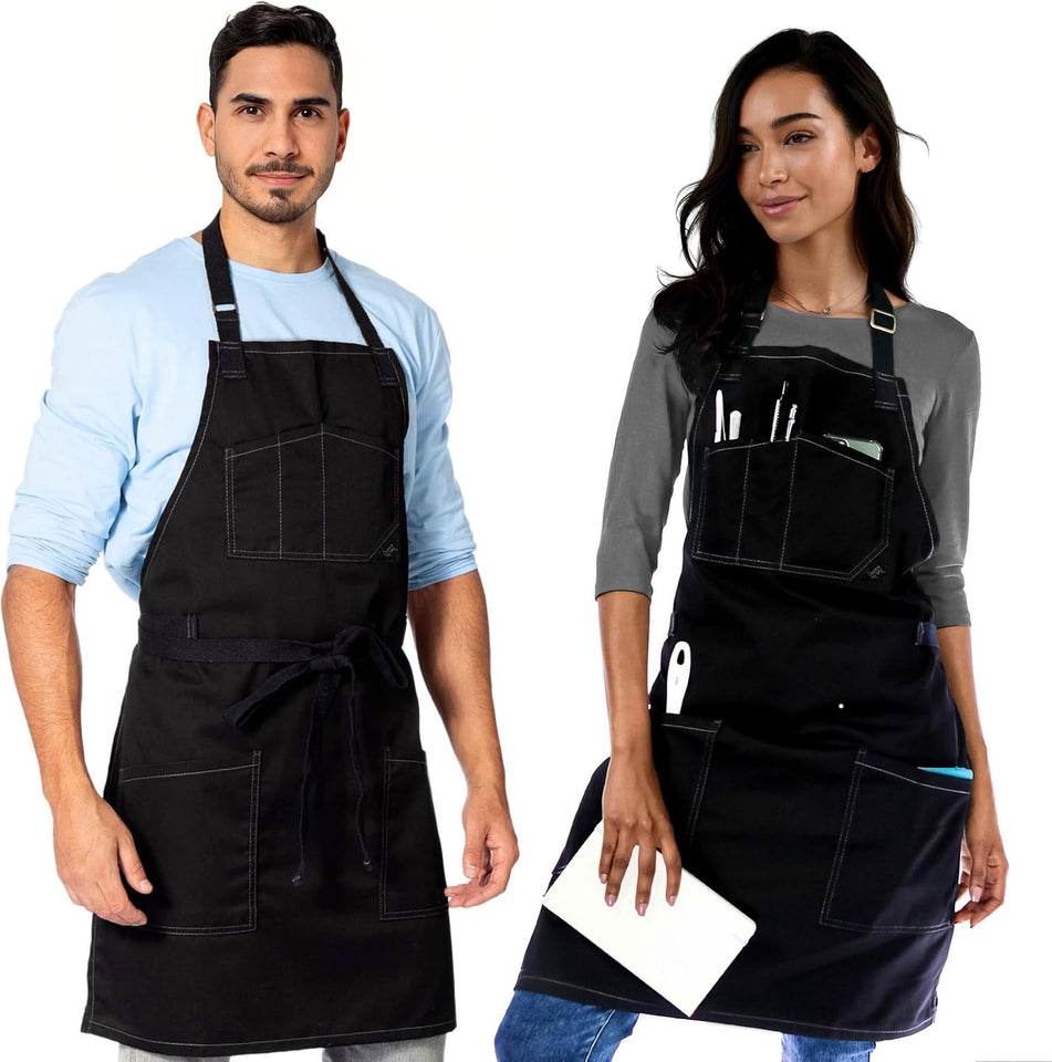 Chef Apron – Professional Black Twill – Cotton Straps - Smart Pockets - Adjustable for Men and Women – Pro Chef, Cook, Kitchen, Baker, Barista, Bartender, Server Aprons