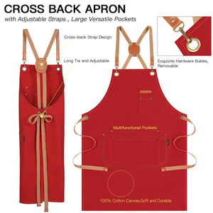 Chef Apron Artist Painting Gardening Work Apron Barista Bartender Barber Shop Apron, Cross Back Adjustable Strap Men Women Canvas Aprons with Large Pockets for Kitchen Cooking Baking Grilling – Red