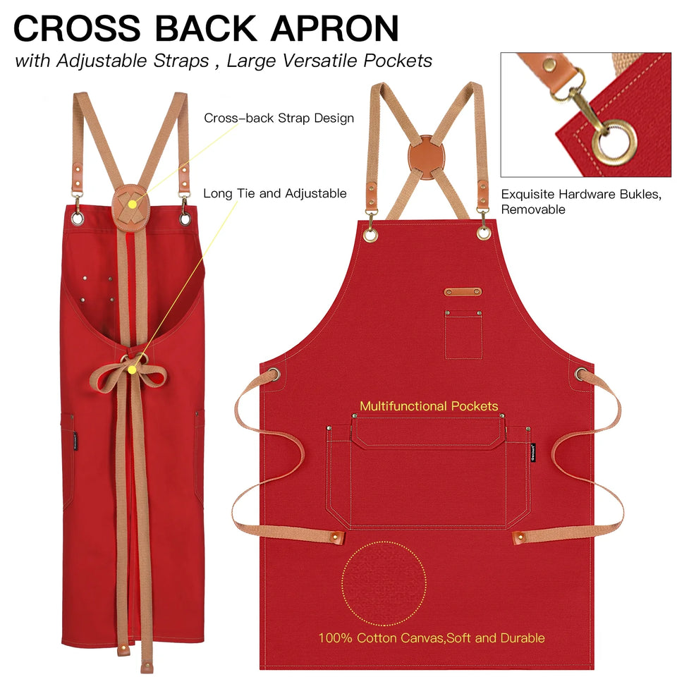 Chef Apron Artist Painting Gardening Work Apron Barista Bartender Barber Shop Apron, Cross Back Adjustable Strap Men Women Canvas Aprons with Large Pockets for Kitchen Cooking Baking Grilling – Red