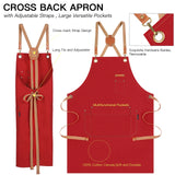 Chef Apron Artist Painting Gardening Work Apron Barista Bartender Barber Shop Apron, Cross Back Adjustable Strap Men Women Canvas Aprons with Large Pockets for Kitchen Cooking Baking Grilling – Red