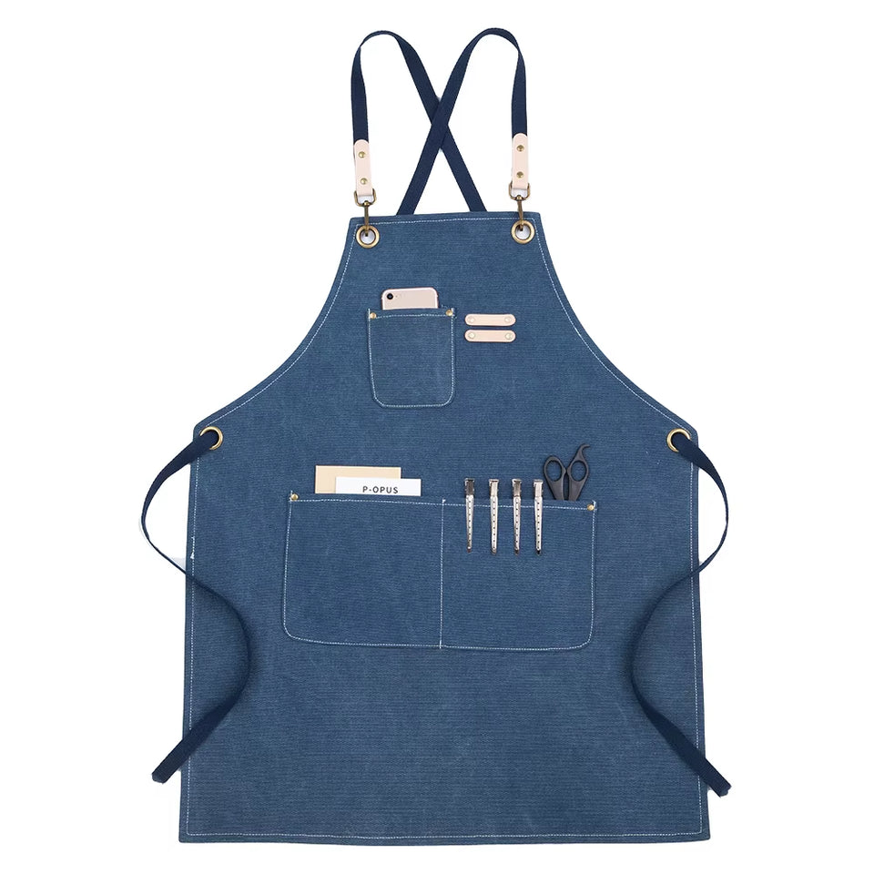 Kitchen Apron Heavy Duty Canvas Barber Work Aprons Unisex Cross Straps Adjustable Salon Hairdresser Bib PU Leather Apron for Men