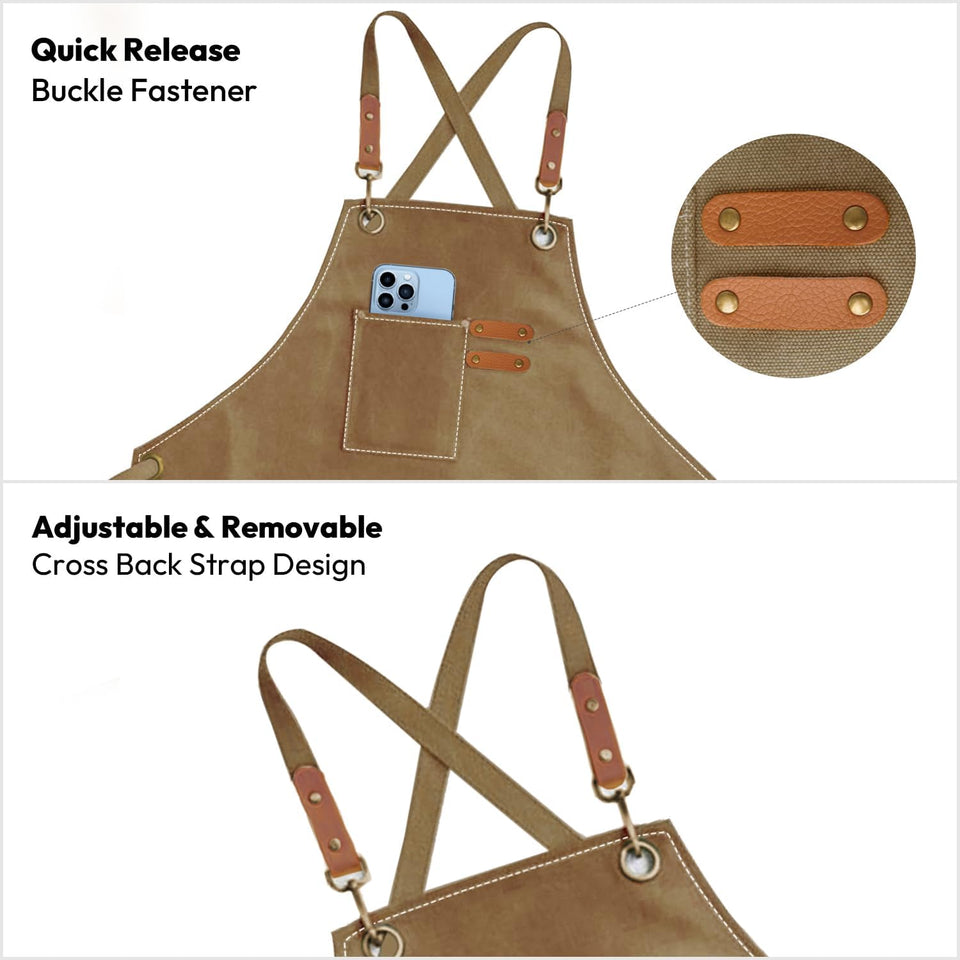 Cotton Cross Back Adjustable Apron [3Rd Generation], Cotton Canvas Cross Back Adjustable Apron with Pockets, M-XXL