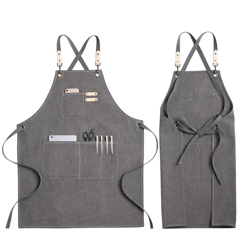 Kitchen Apron Heavy Duty Canvas Barber Work Aprons Unisex Cross Straps Adjustable Salon Hairdresser Bib PU Leather Apron for Men